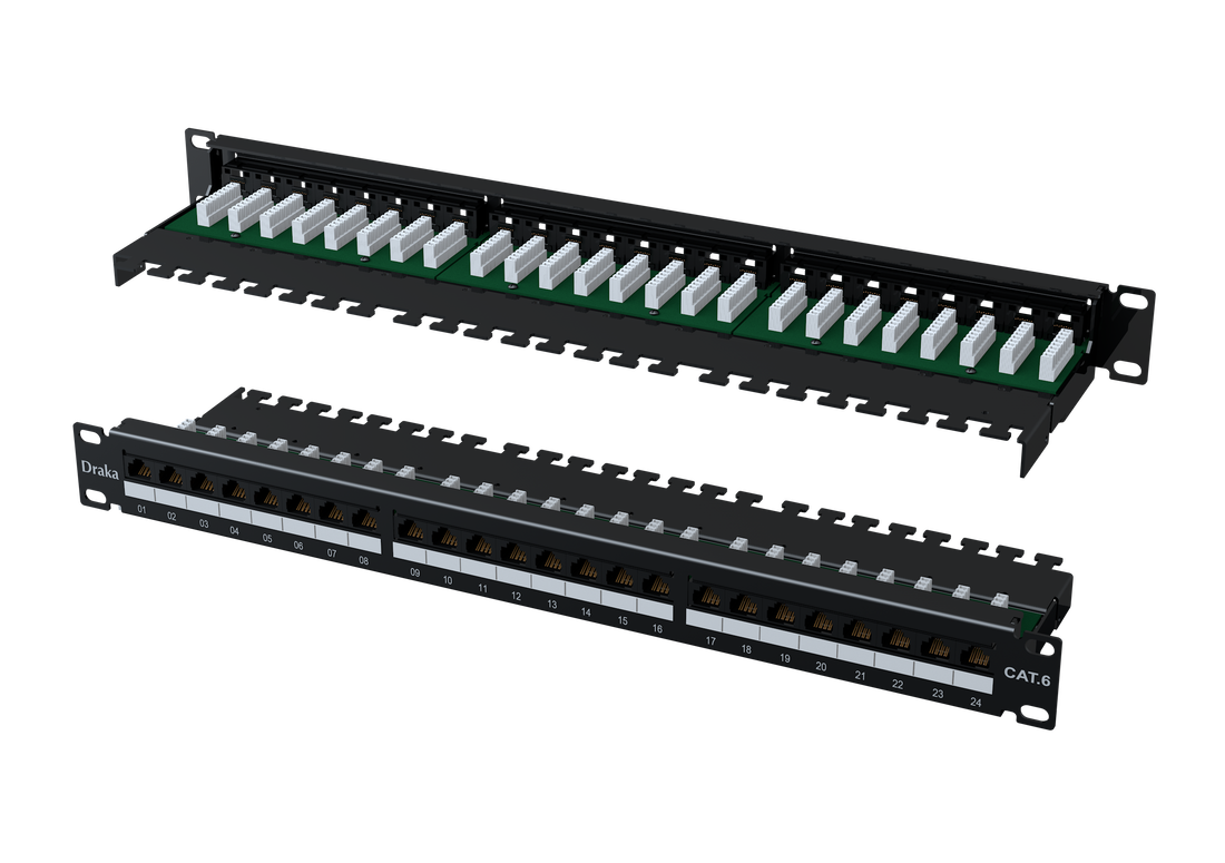 DRAKA UC CAT6 UTP VERTICAL 180° PATCH PANEL 1U/19" 24PORT, PUNCHDOWN 110/LSA, WITH REAR CABLE MANAGEMENT, BLACK, ECO-PACK -1
