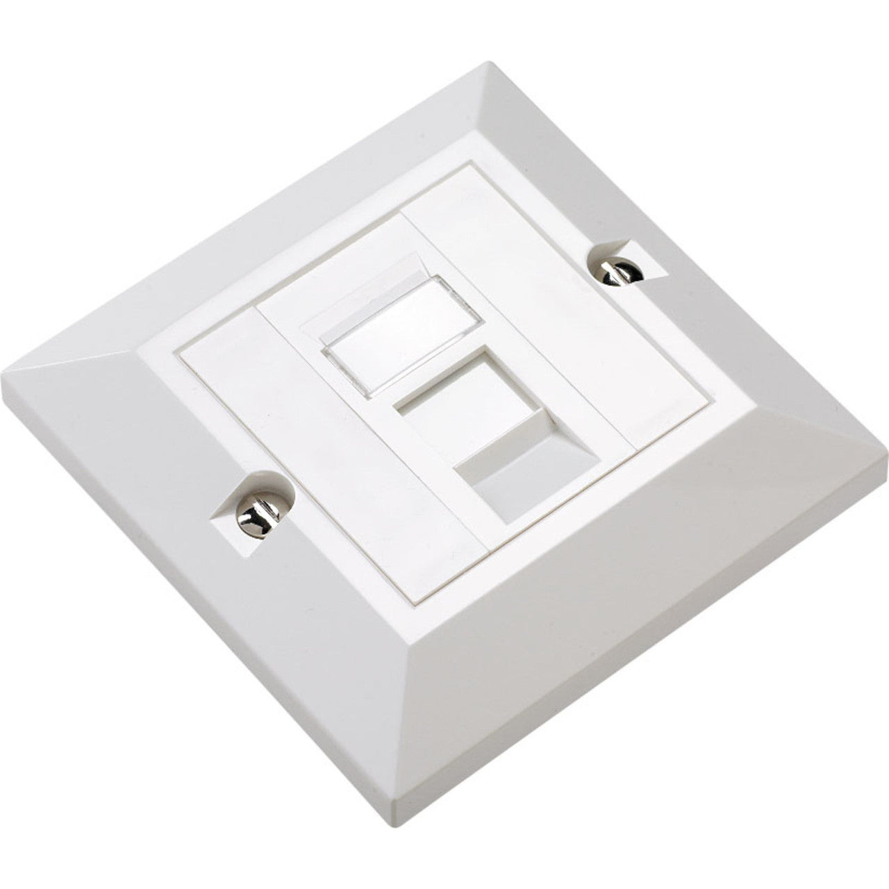 Excel 2-Outlet Single Gang Bevelled Faceplate, Euro, White w/ 1 x Unshielded CAT6 RJ45 Module & 2 x Quarter Blanks