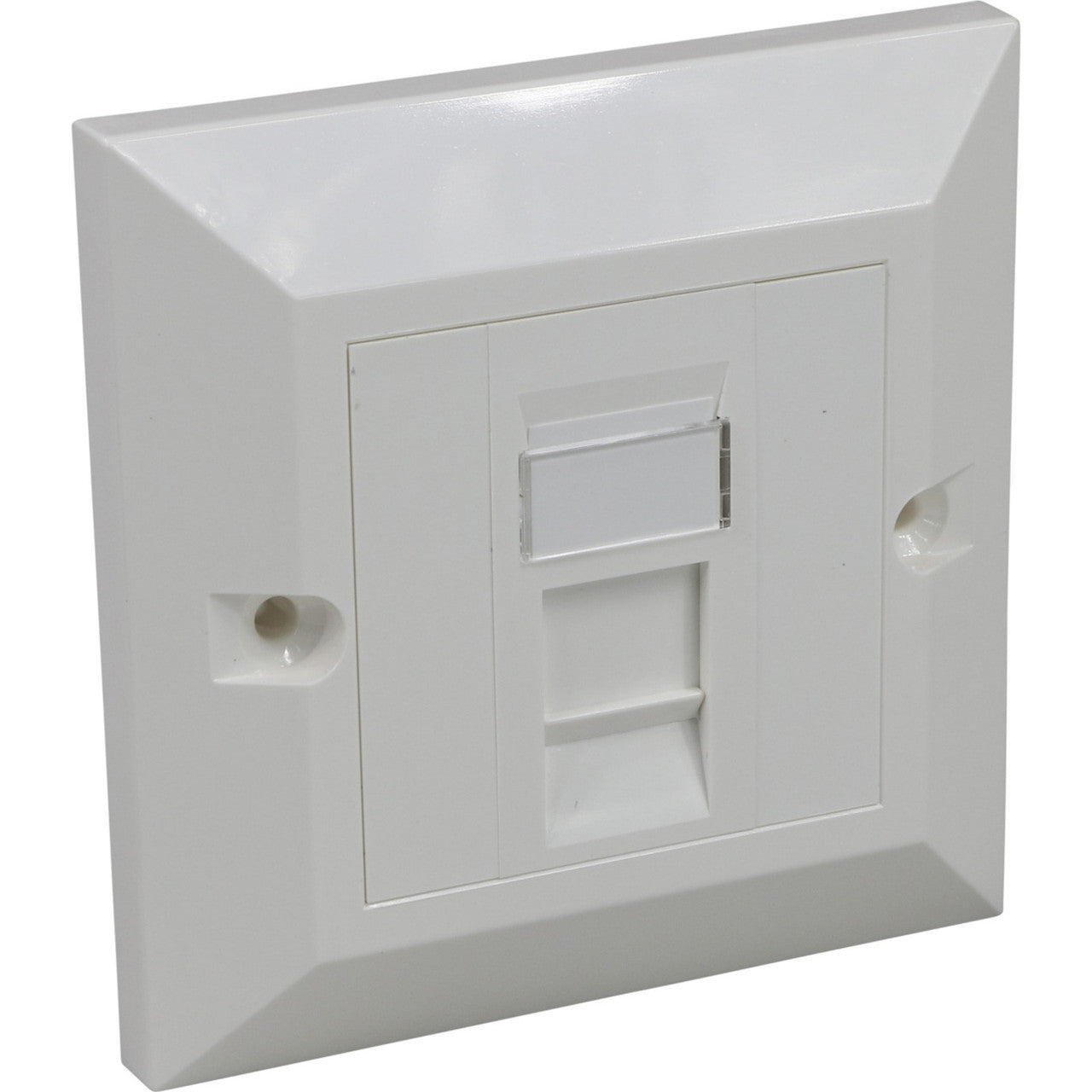 Excel 2-Outlet Single Gang Bevelled Faceplate, Euro, White w/ 1 x Unshielded CAT5e RJ45 Module & 2 x Quarter Blanks